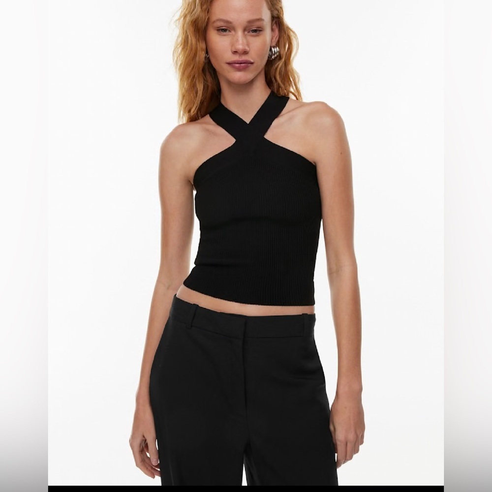 Aritzia Babaton Sculpt Criss Cross Ribbed Crop Top XS Black